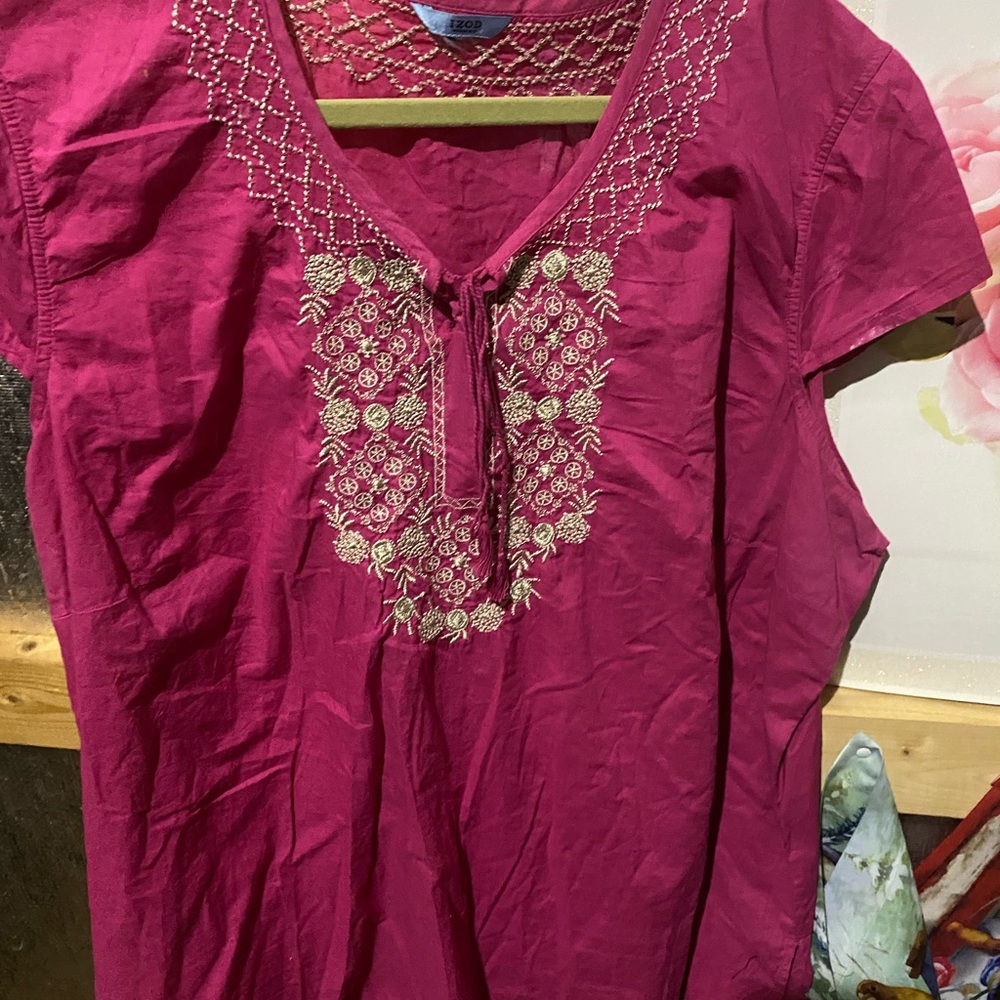 Izod Pink Embroidered Blouse with Short Sleeves